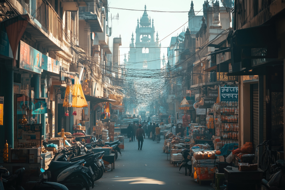 Crowded narrow lane in Chandni Chowk with shops, rickshaws and shoppers during peak chandni chowk market timings