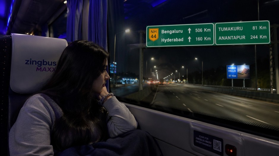 Bangalore to Hyderabad bus travelling on NH44 highway during an overnight journey