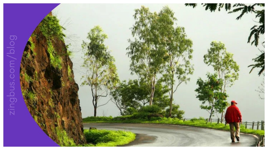 Scenic Western Ghats road during monsoon viewed from a bus window near Mumbai with lush green hills and waterfalls