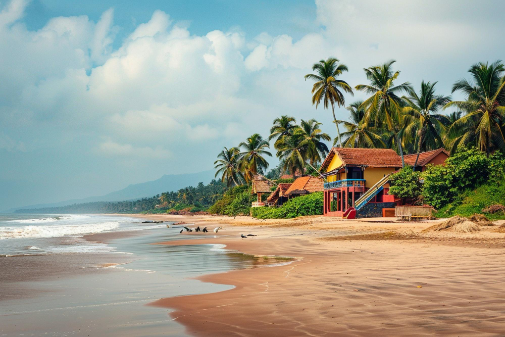 Mumbai to Goa bus on NH 66 Konkan coastal highway with the Western Ghats visible at dawn on approach to Goa