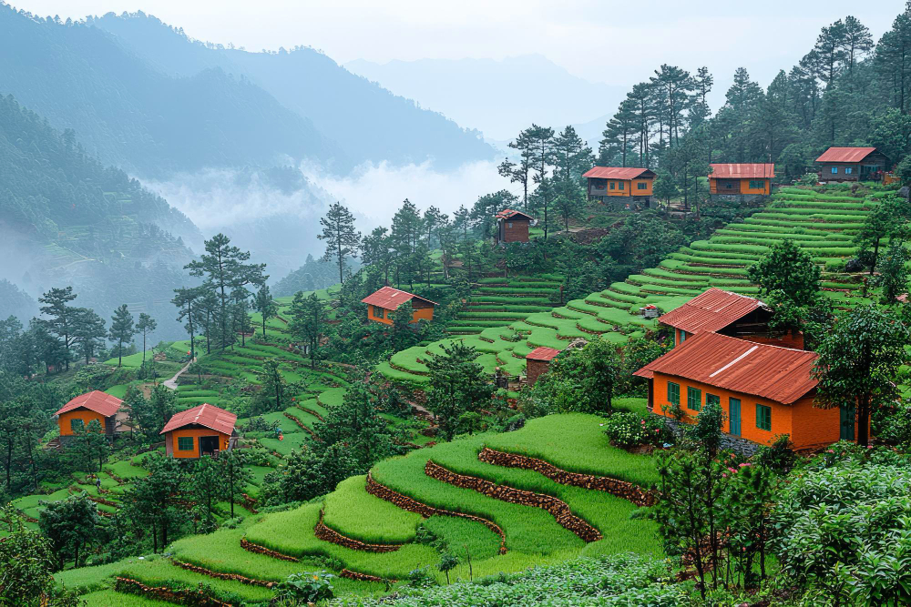 Places to visit in Ooty: the Government Botanical Garden terraces at dawn and the Nilgiri Mountain Railway toy train climbing through tea plantations toward Doddabetta Peak