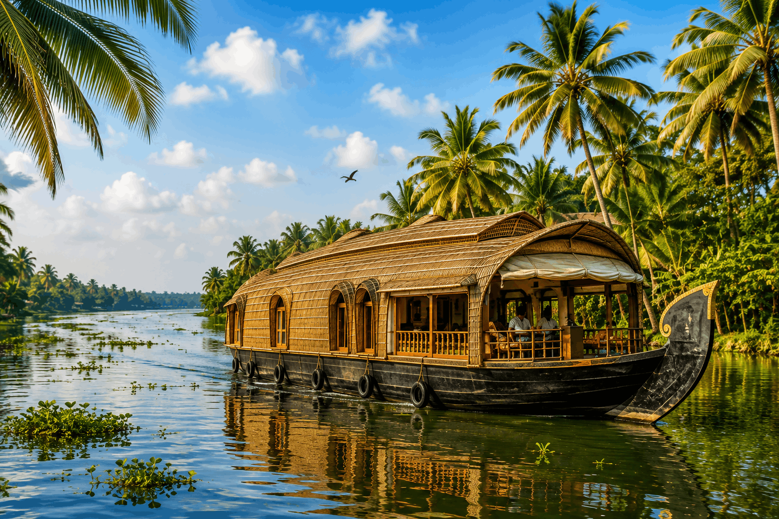 Houseboat cruising through the backwaters of Alleppey in Kerala