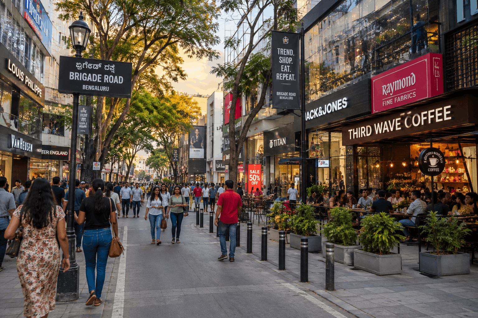 Busy Brigade Road in Bengaluru with shops, pedestrians and cafes