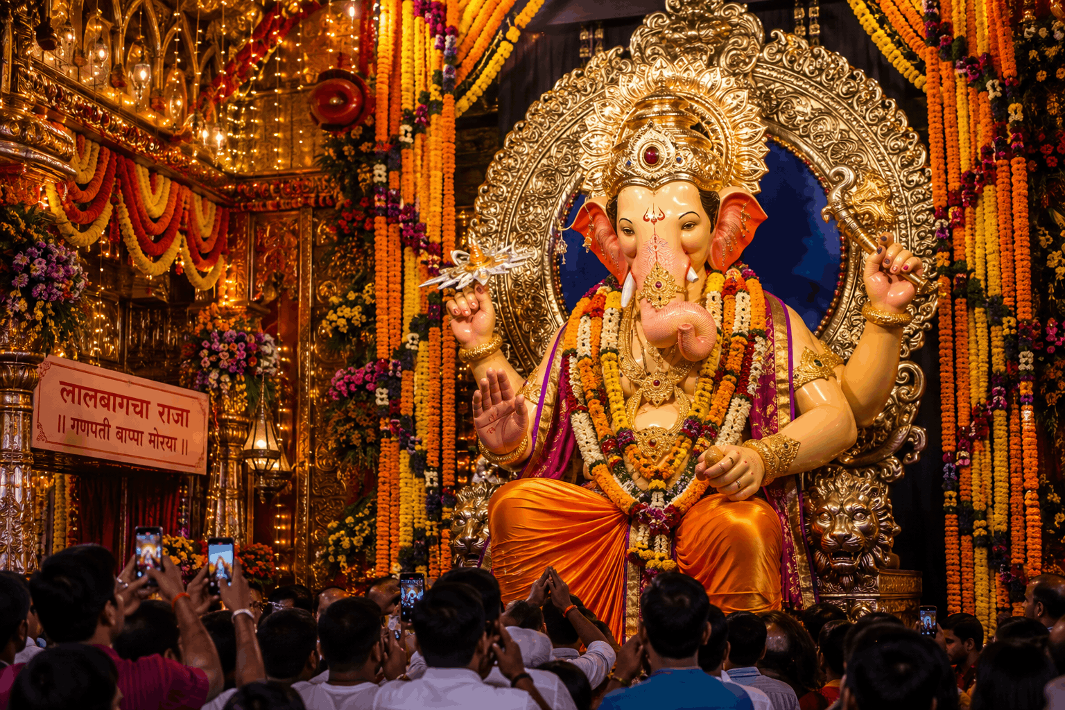 Lalbaugcha Raja Ganesh idol decorated with marigolds and lights in Mumbai during Ganesh Chaturthi