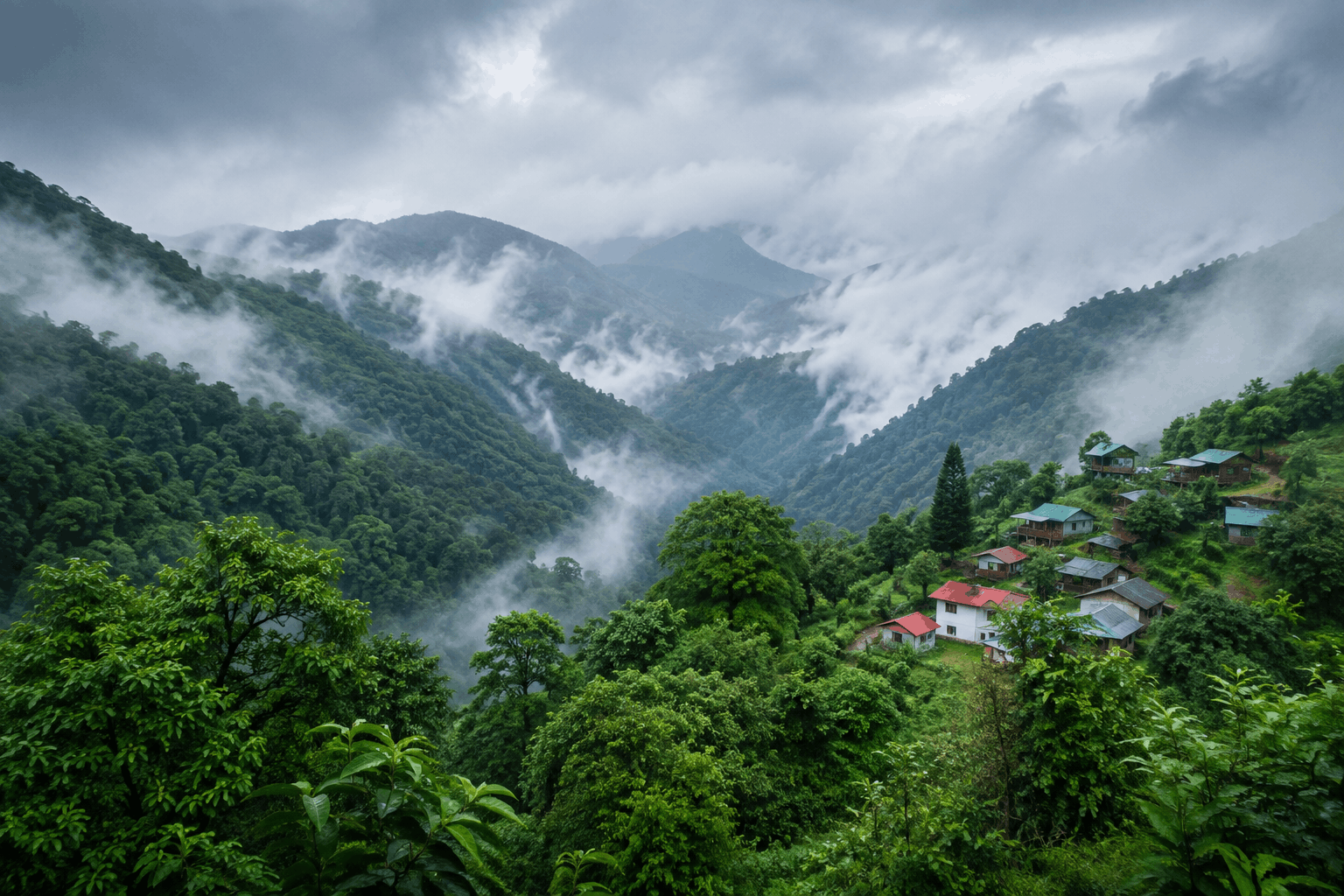 Misty green forest valley during monsoon season at an offbeat hill station in India