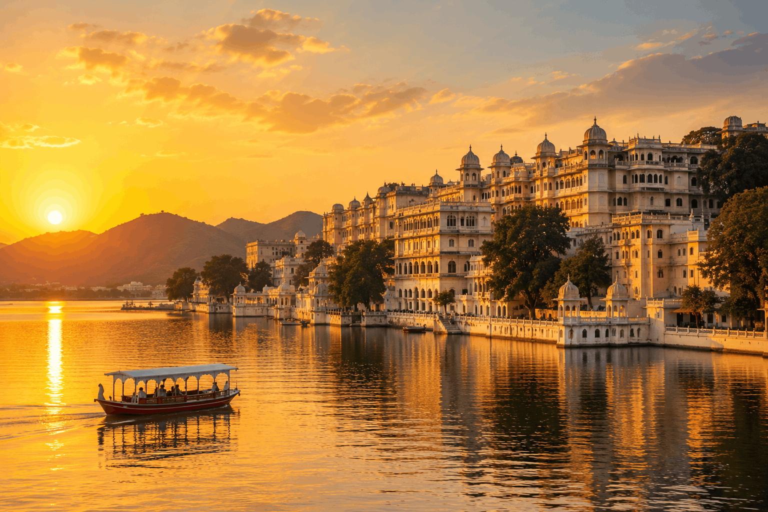 Lake Pichola at golden hour with City Palace and Aravalli hills reflected in calm water