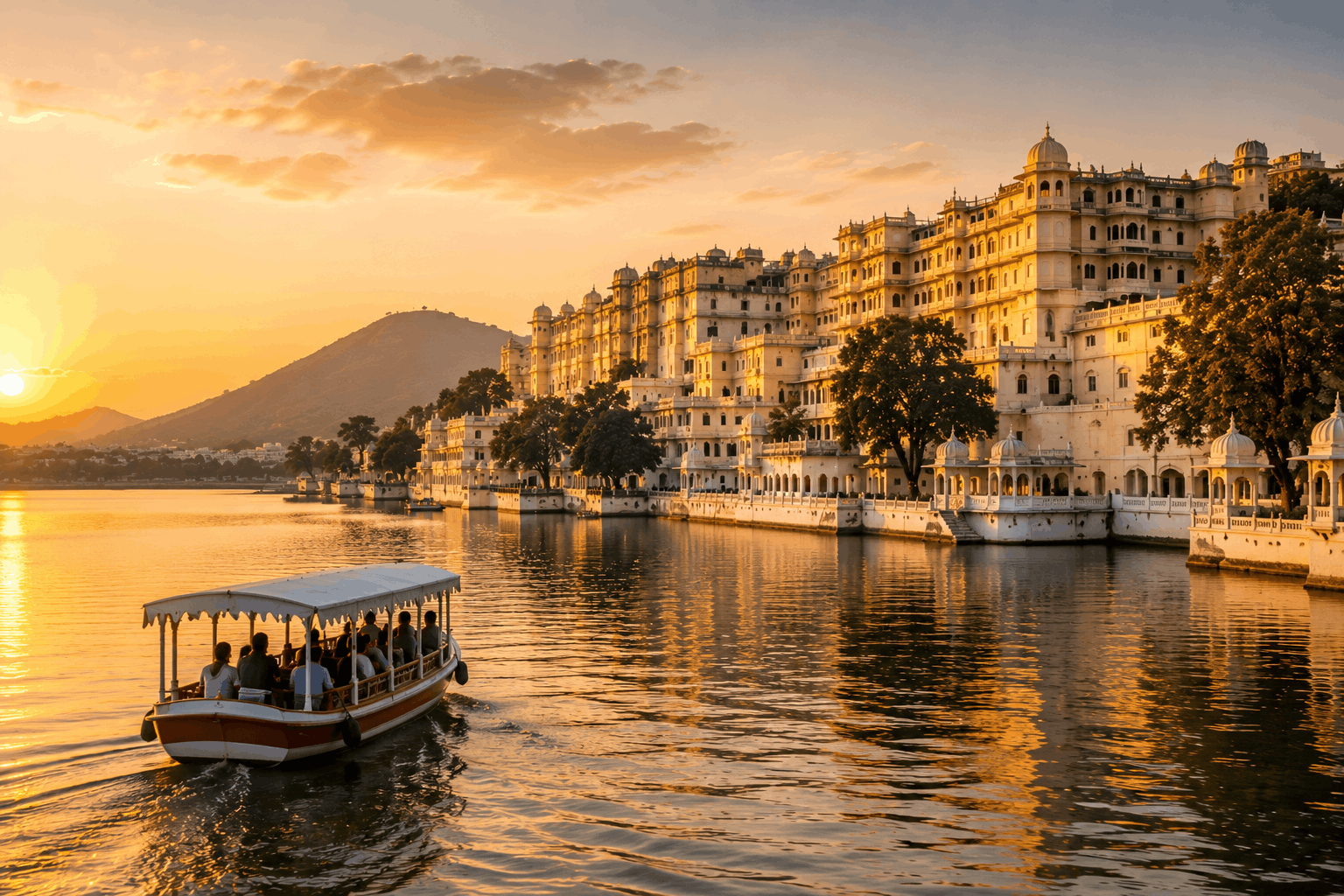 Boat on Lake Pichola approaching City Palace at golden hour in Udaipur
