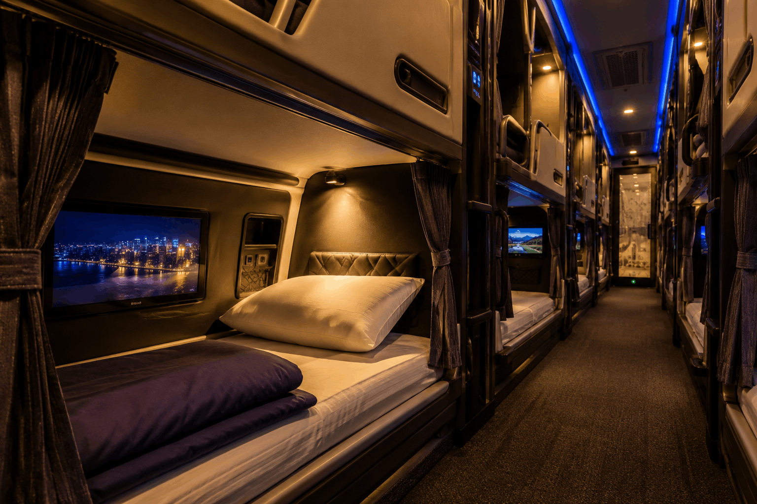 Premium sleeper bus interior with individual berths, personal screens, and warm reading lights at night