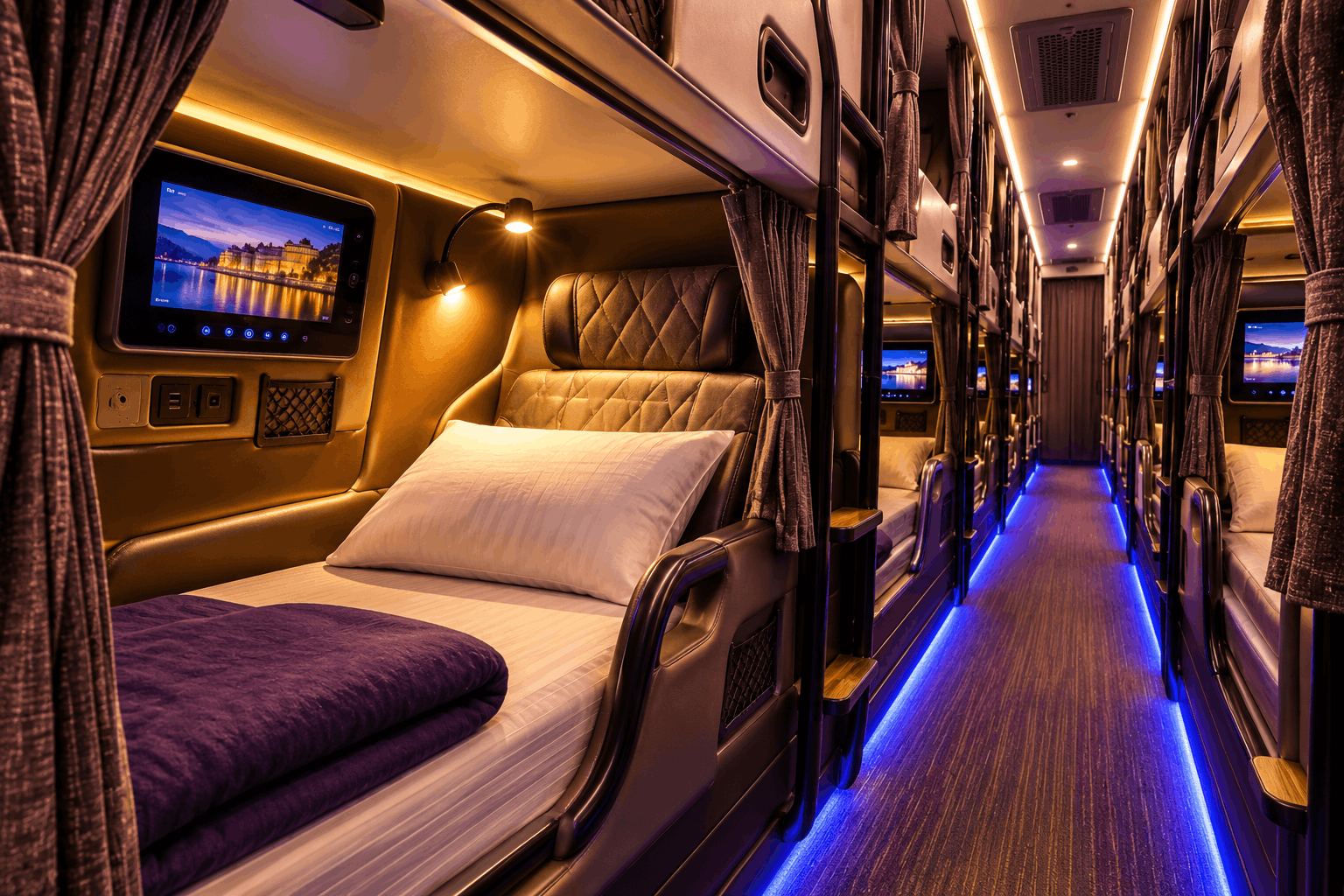 Interior of a luxury sleeper bus with reclined berths, reading lights, and personal screens