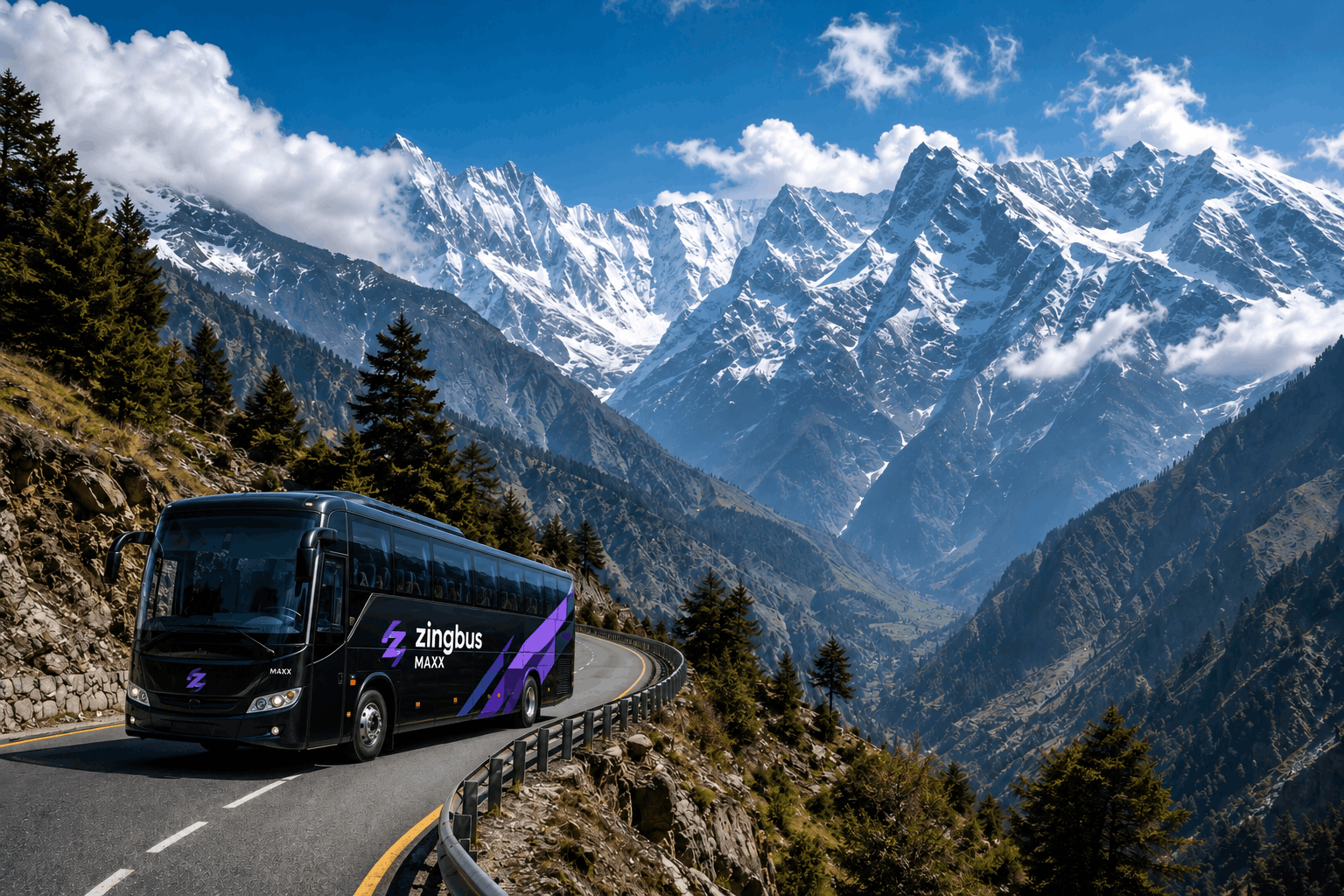 Bus travelling through a winding mountain road in the Himalayas with snow peaks in the background