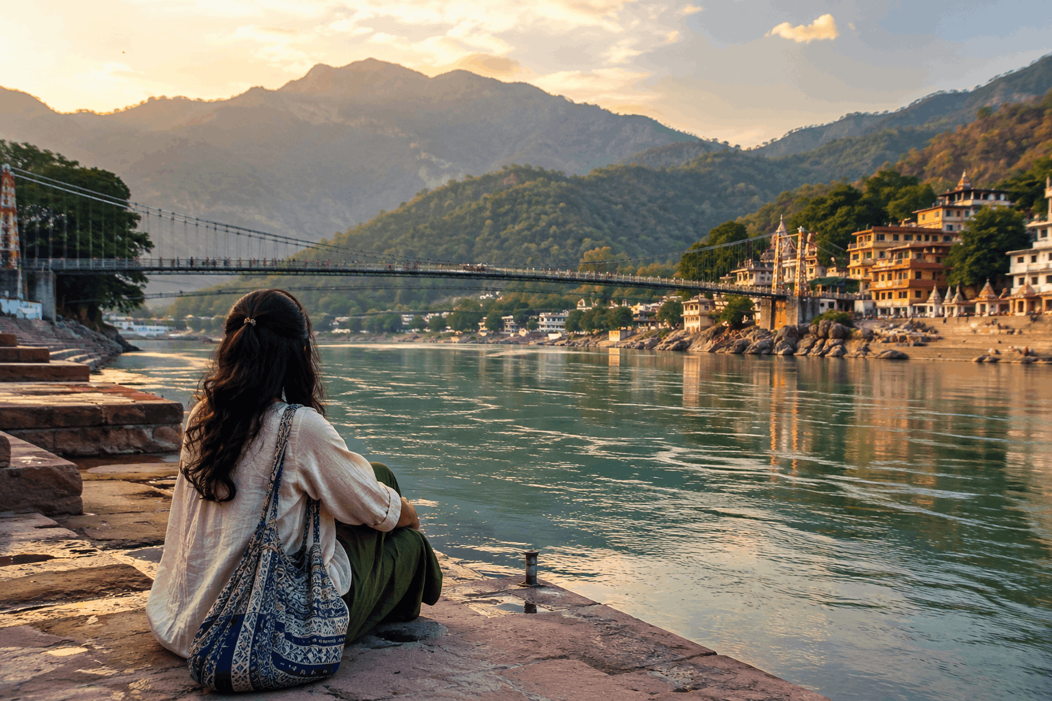 Solo woman traveller sitting by a riverside ghat in Rishikesh with mountains and a suspension bridge in the background