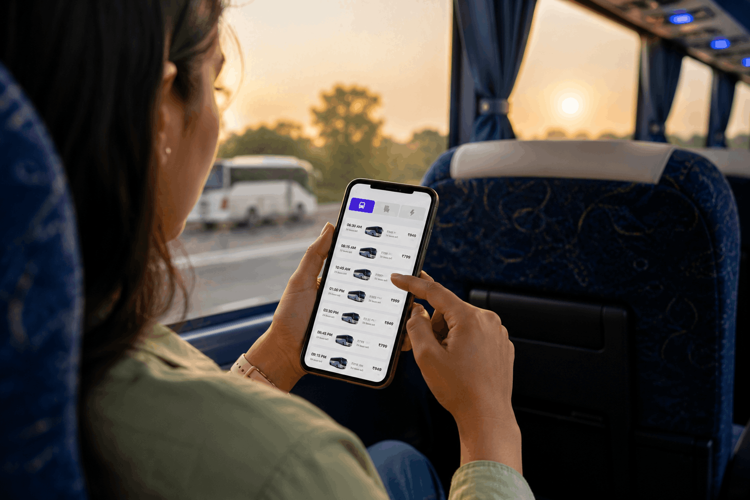 Traveller comparing bus fares and booking options using a smartphone
