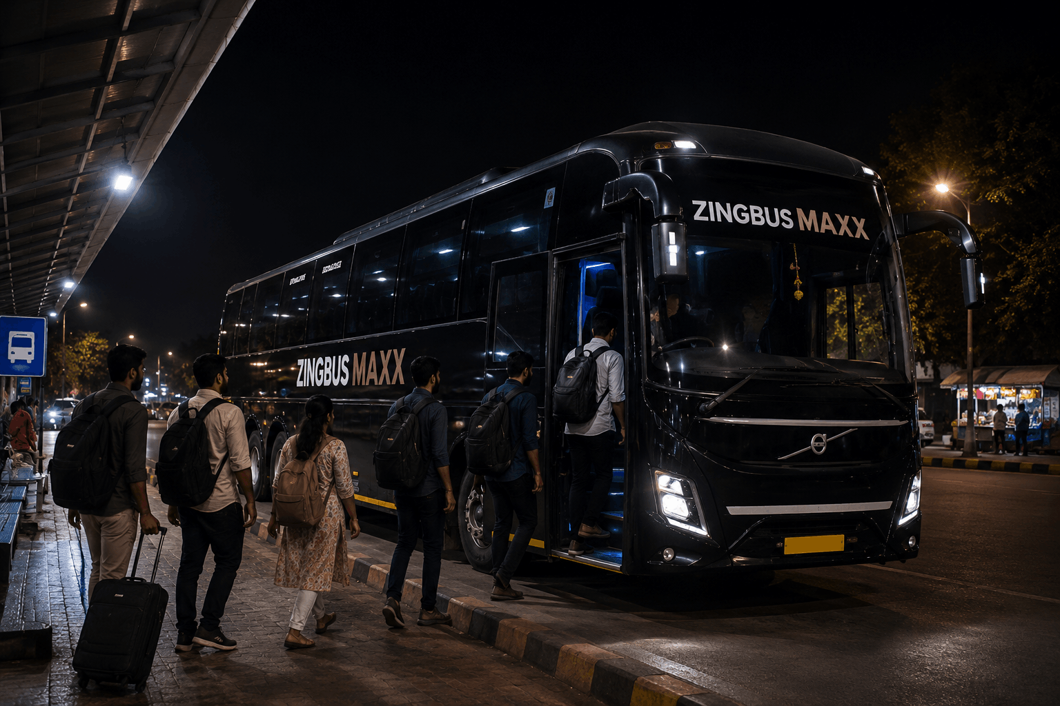 Travellers boarding an intercity sleeper bus at a well lit stop at night