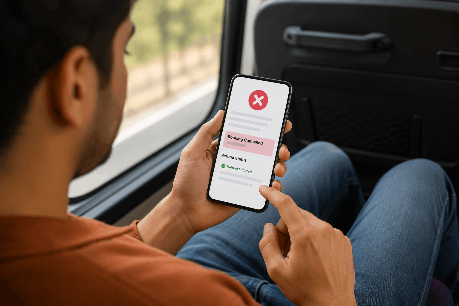 Traveller checking a cancelled bus booking and refund status on a smartphone