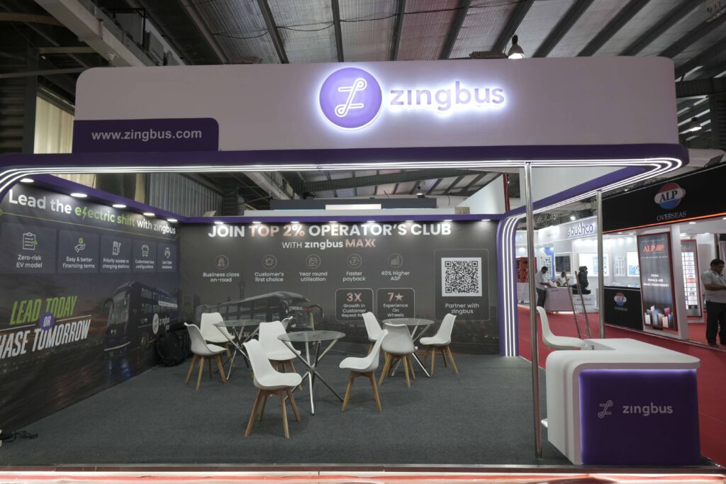 zingbus exhibition booth at Prawaas 5.0 Gandhinagar showcasing the zingbus Maxx Top 2% Operator's Club benefits and electric bus partnership programme