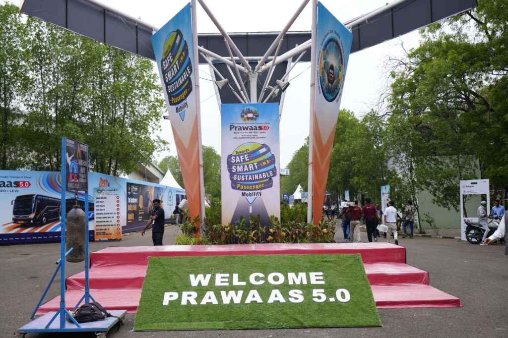 Welcome arch at Prawaas 5.0, India's largest passenger transport industry event held at HEC Gandhinagar Gujarat from 9 to 11 July 2026