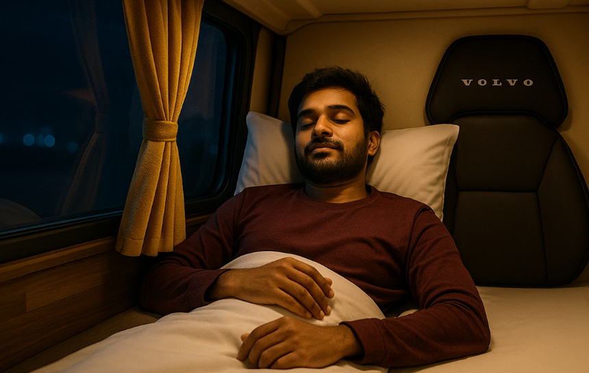 Clean interior of a luxury sleeper coach showing personal charging points and wide seats