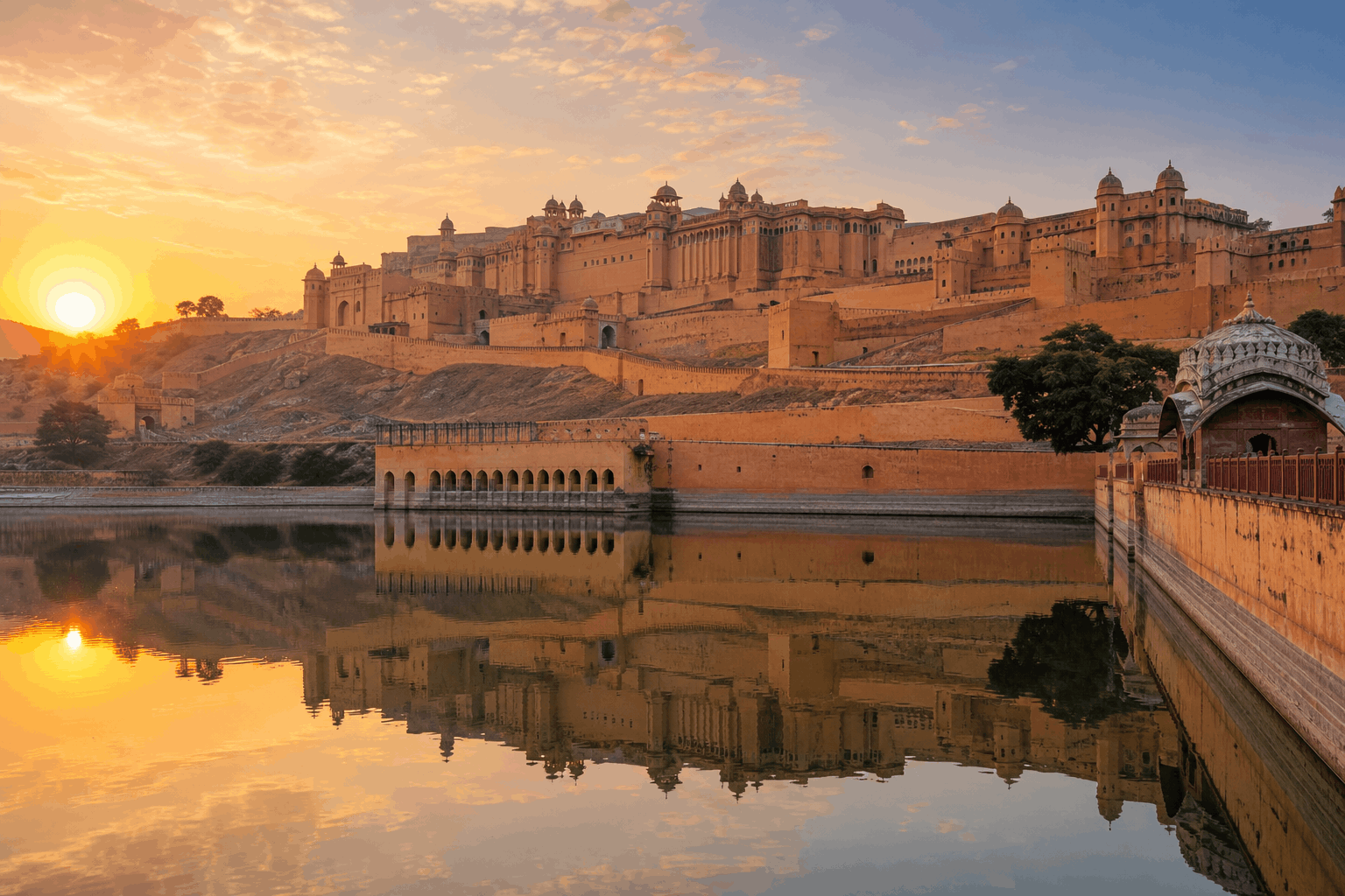 Amber Fort at sunrise reflected in Maota Lake near Jaipur, Rajasthan