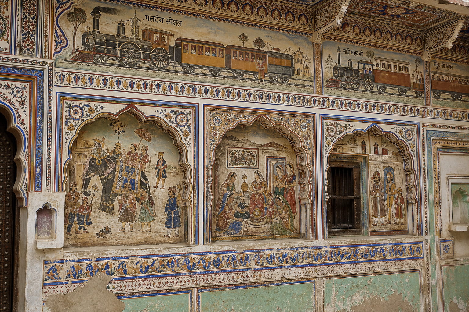 Ancient painted haveli walls in Shekhawati with intricate murals depicting trains and daily life scenes