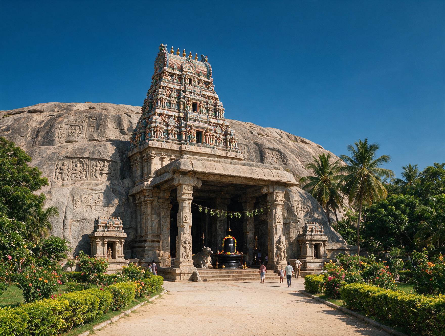 Ancient rock-cut temple carved into granite at Thiruparankundram near Madurai