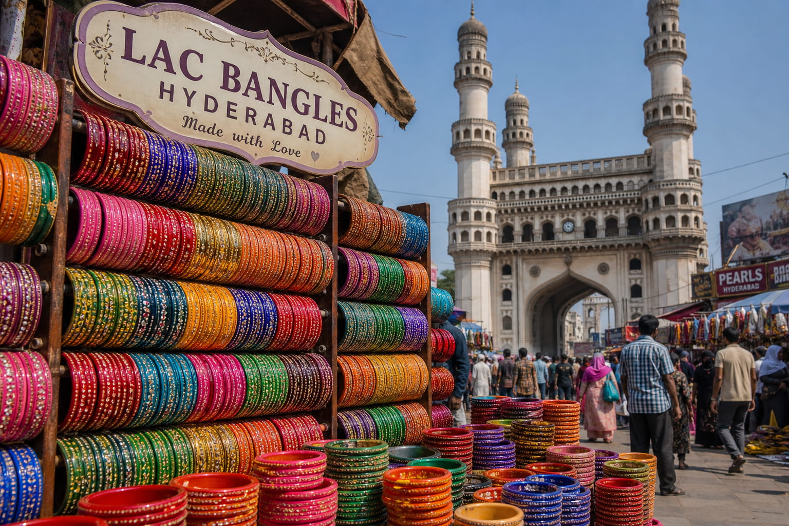 Colourful lac bangles displayed near Charminar in Hyderabad