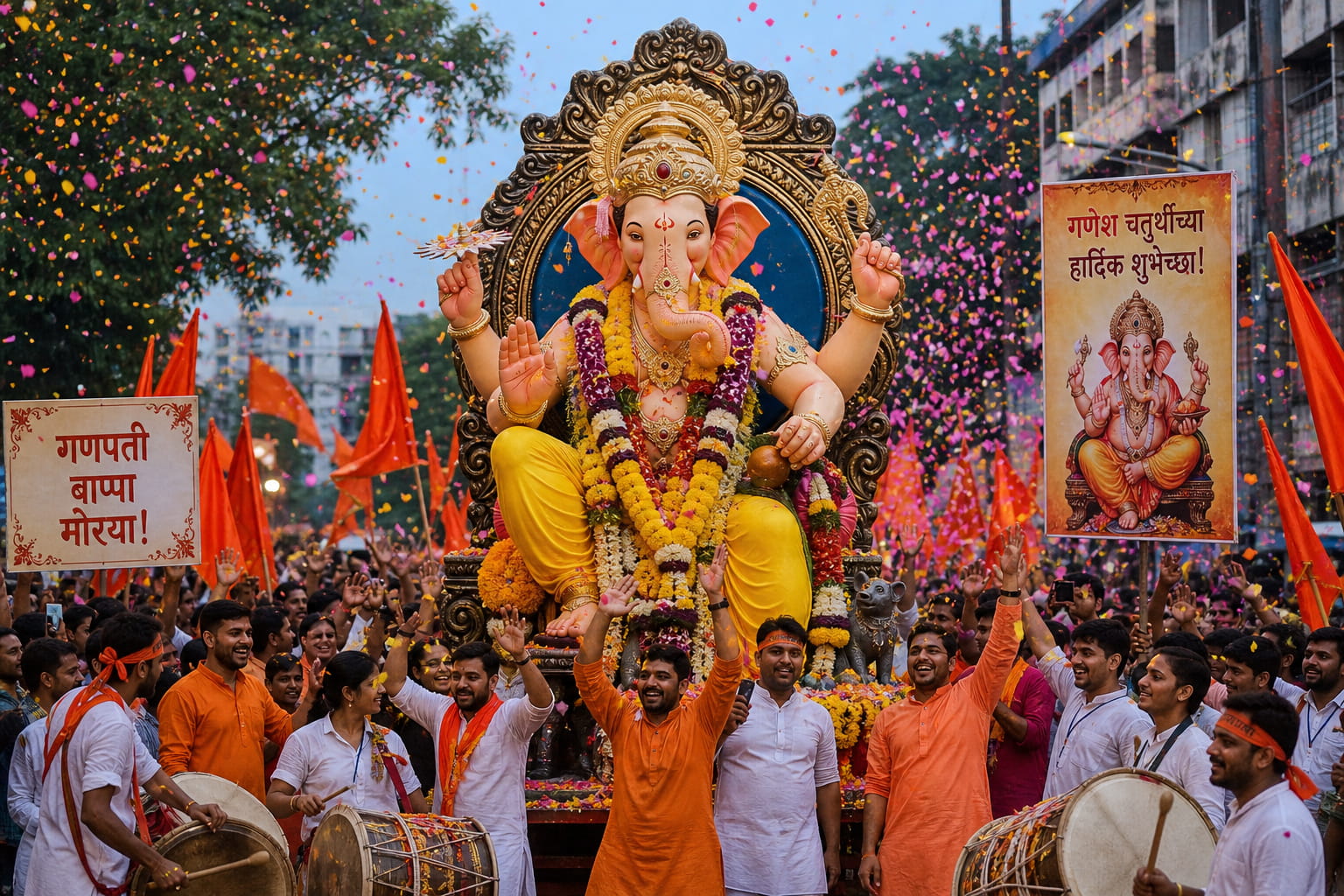 Devotees celebrating Ganesh Chaturthi with a large Lord Ganesha idol