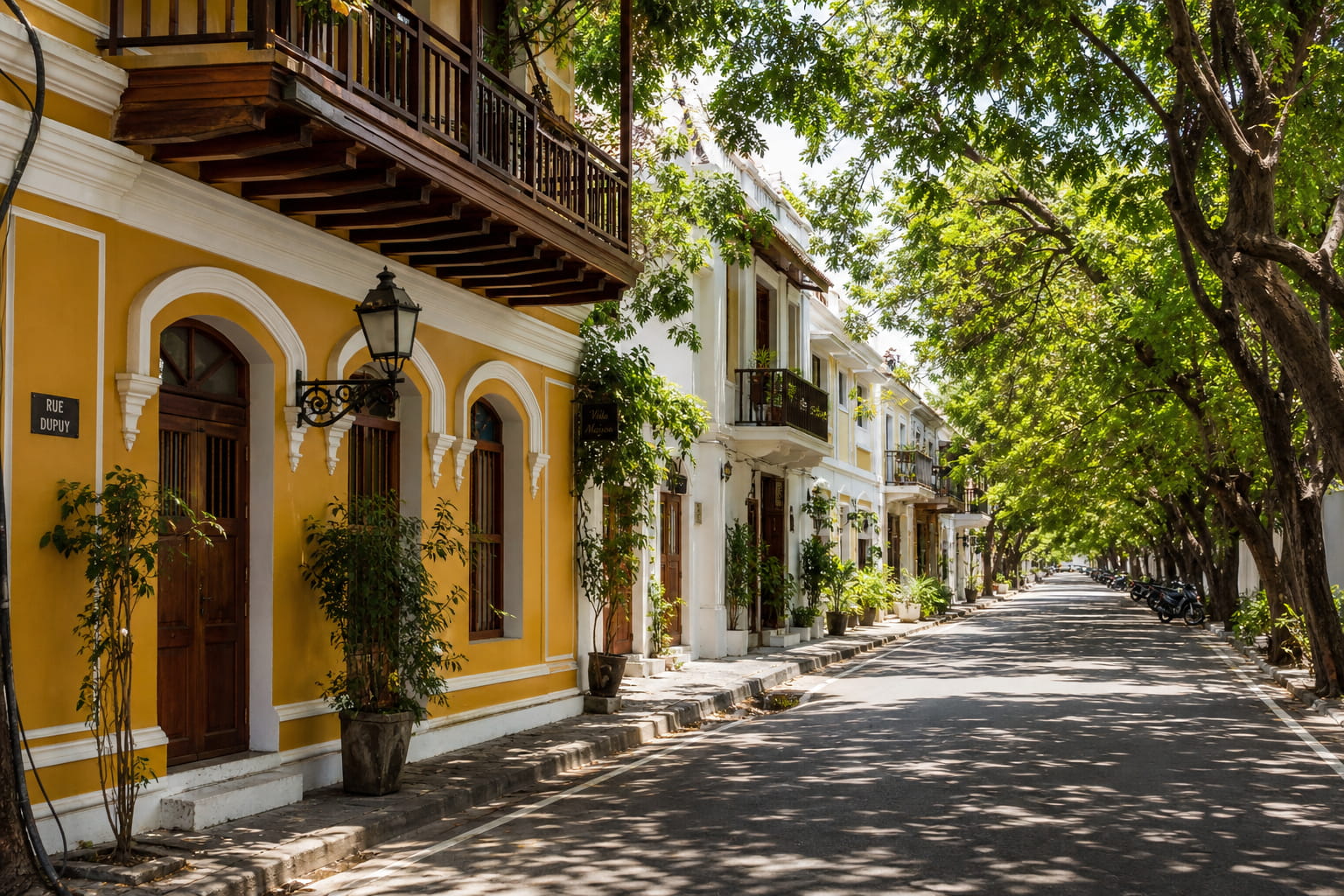 French colonial buildings and tree-lined streets of White Town in Pondicherry