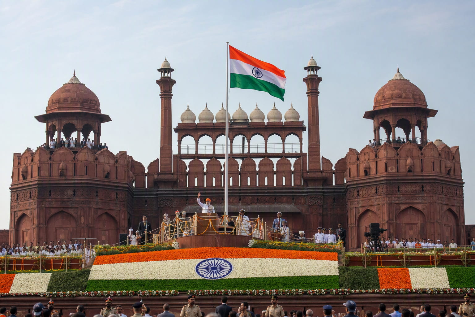 Indian national flag at Red Fort Delhi on Independence Day morning ceremony