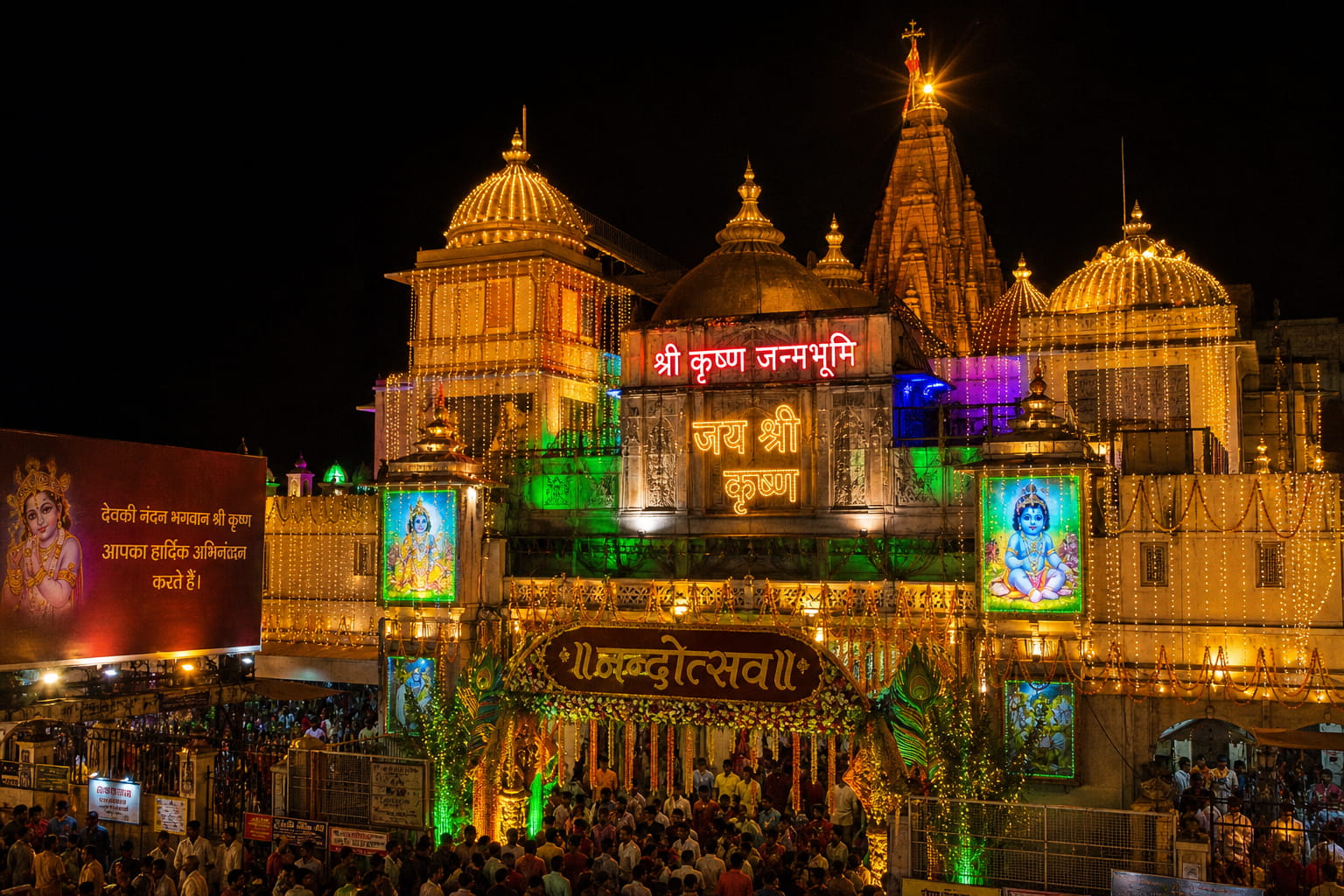 Krishna Janmabhoomi Temple in Mathura illuminated during Janmashtami festival celebrations