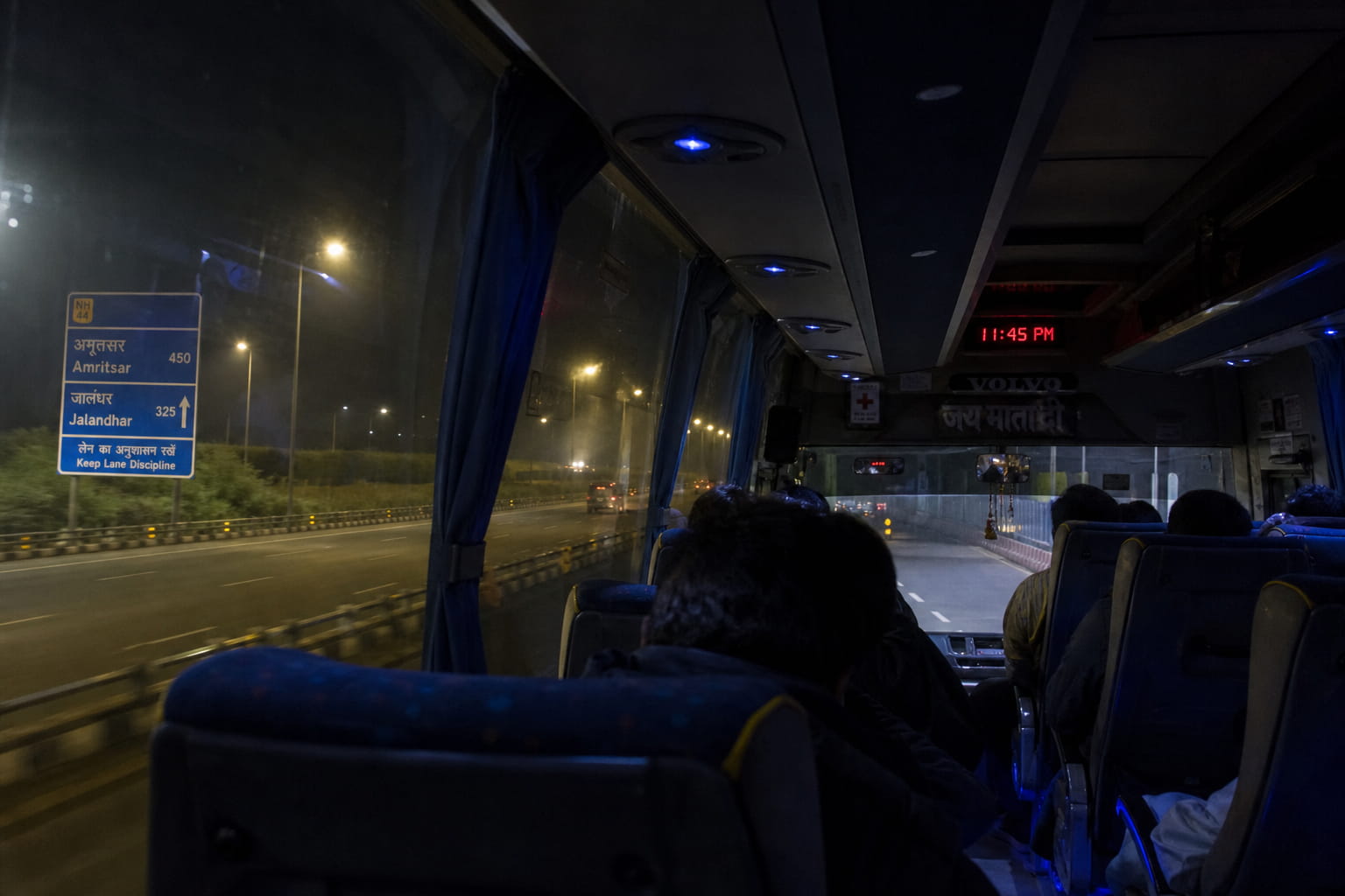 Overnight bus travelling from Delhi towards Amritsar on a highway