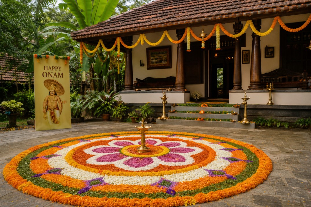 Traditional pookalam flower carpet arranged during Onam festival celebrations in Kerala