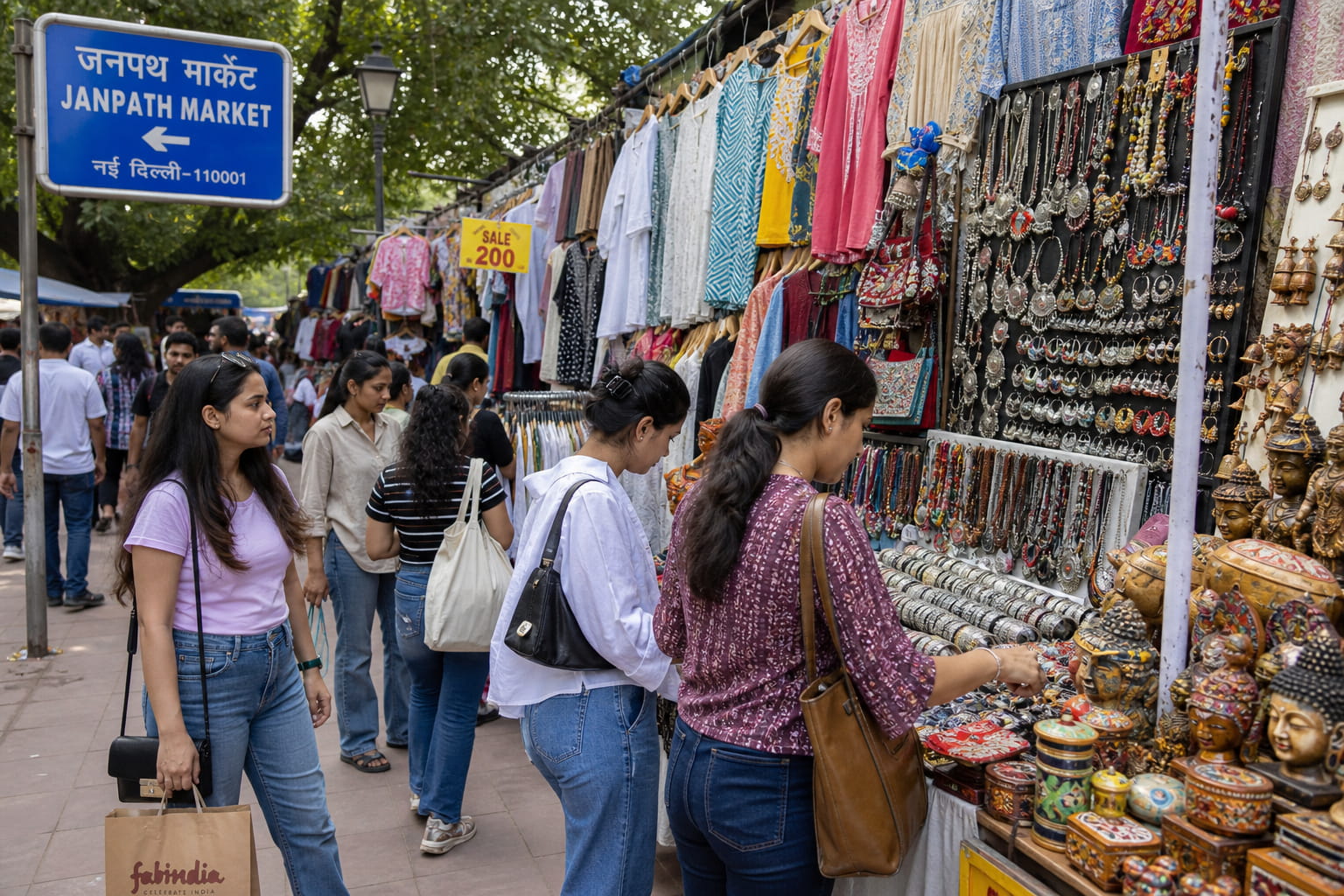 Shoppers browsing clothes, jewellery and handicrafts at Janpath Market in Delhi