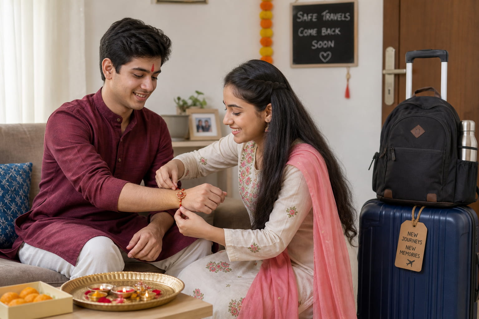 Sister tying Rakhi on brother's wrist with travel luggage ready nearby