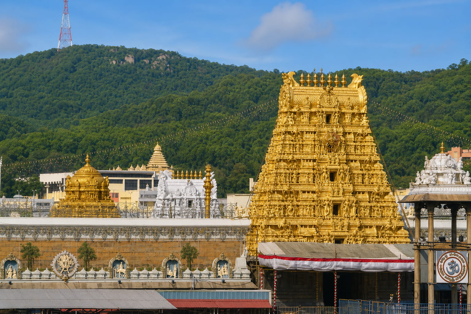 Sri Venkateswara Temple golden gopuram at Tirumala hilltop in Tirupati