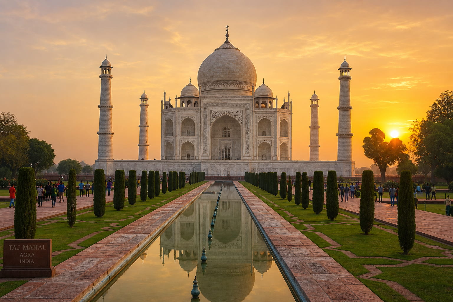 Taj Mahal at sunrise in Agra seen on a same day bus trip from Delhi