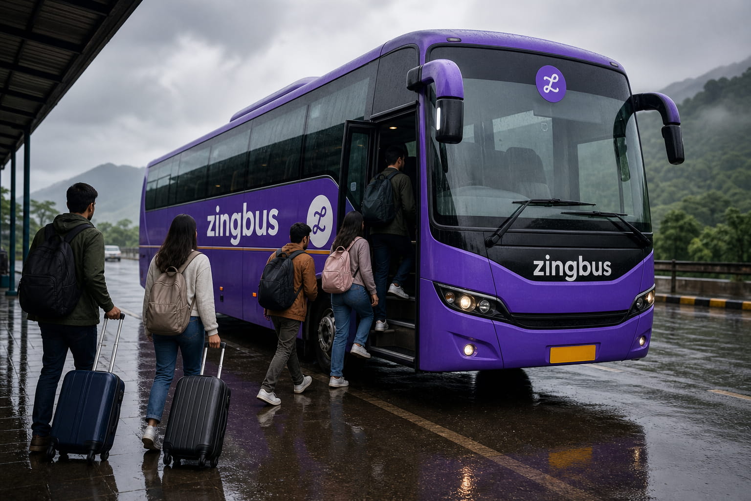 Travellers boarding an intercity bus for an August long weekend monsoon holiday