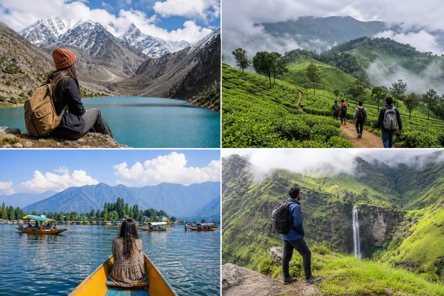 Travellers exploring mountains, lakes and green hills across India in September