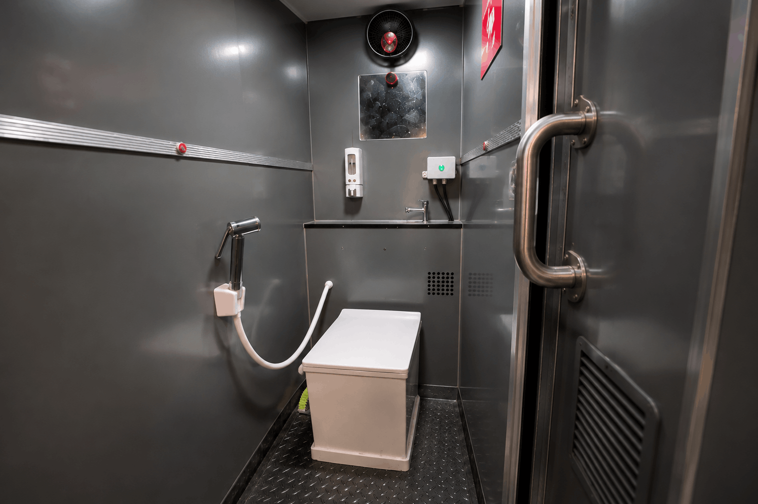 Side-by-side comparison of a clean bio-washroom inside an intercity bus versus a roadside dhaba toilet stop on a highway