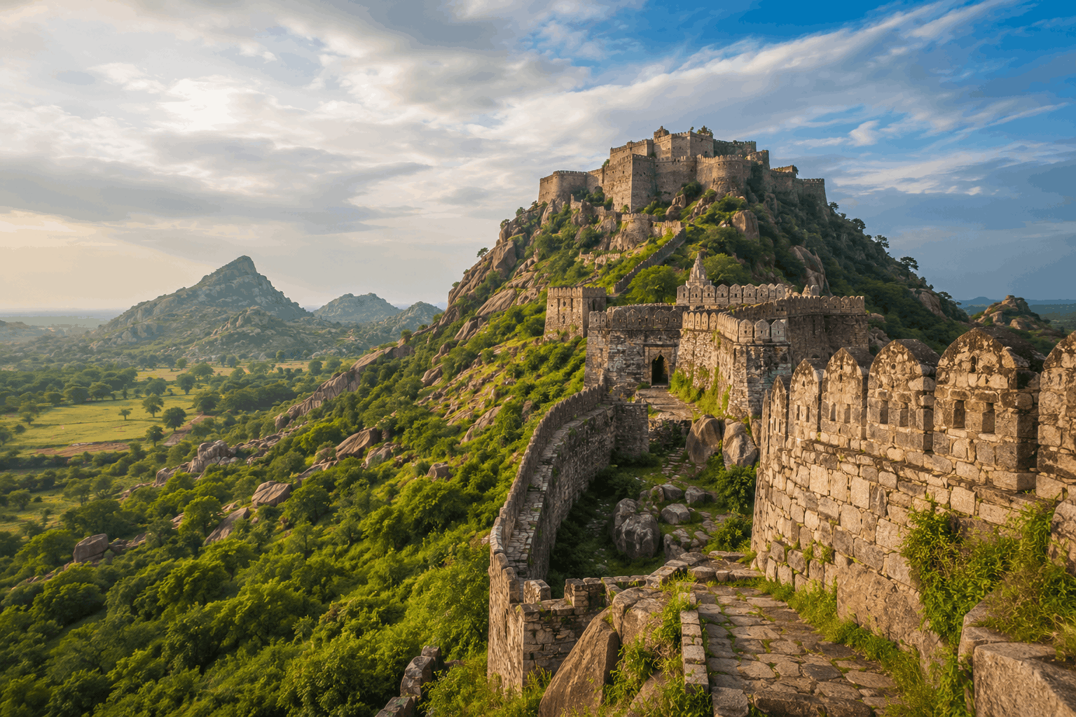 Ancient hilltop walls of Gingee Fort rising from green Tamil Nadu countryside