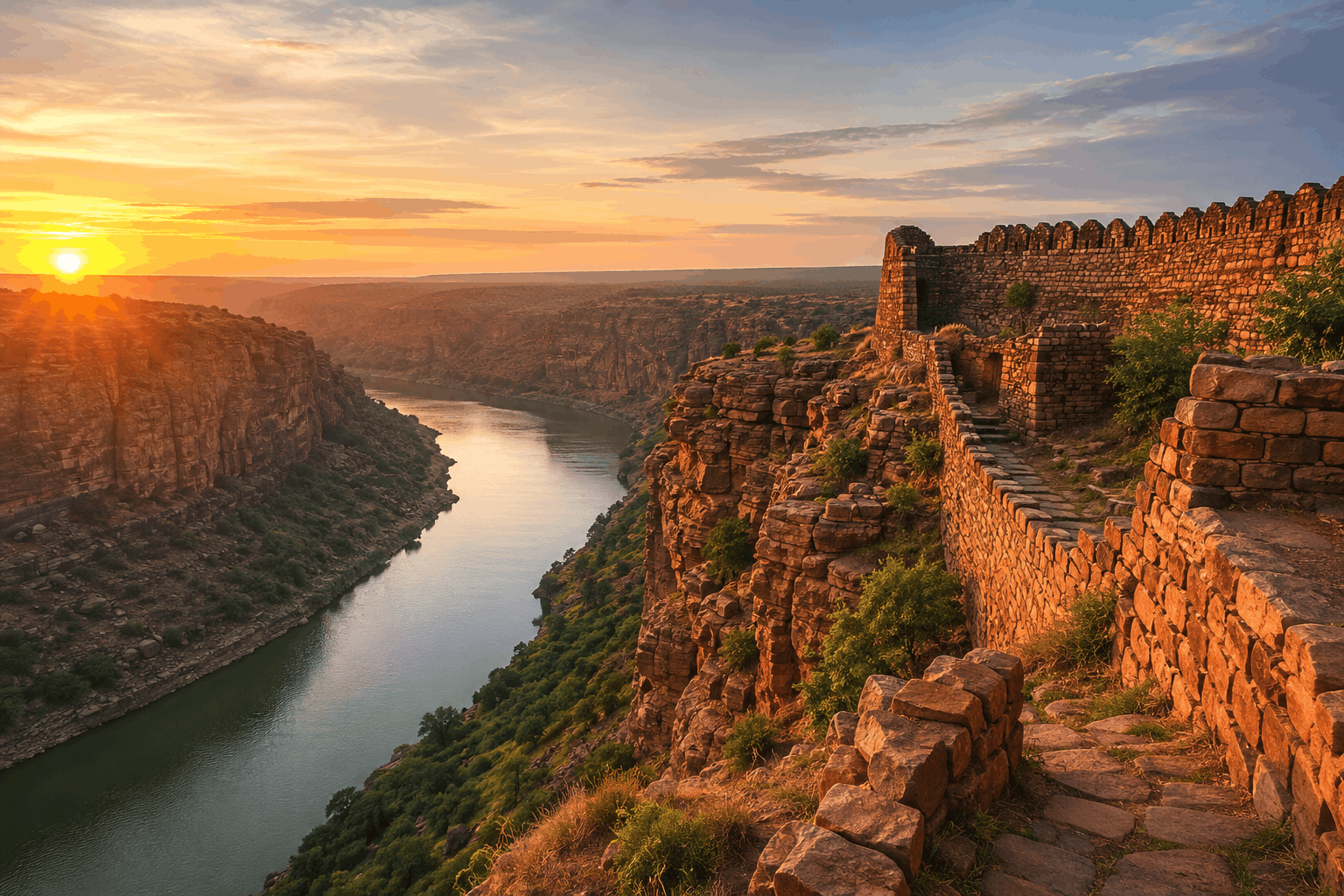 Penna River gorge at Gandikota Canyon with ancient fort walls and red rock cliffs at sunrise