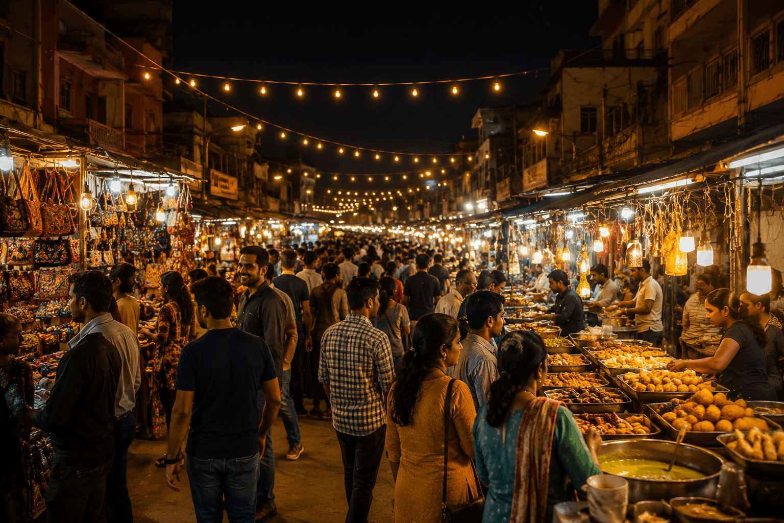 Crowded Indian night market with illuminated food and shopping stalls