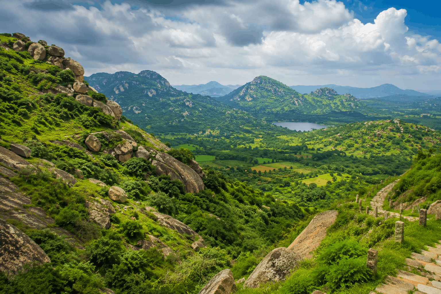 Green hills and rocky landscapes on a short trip outside Bangalore