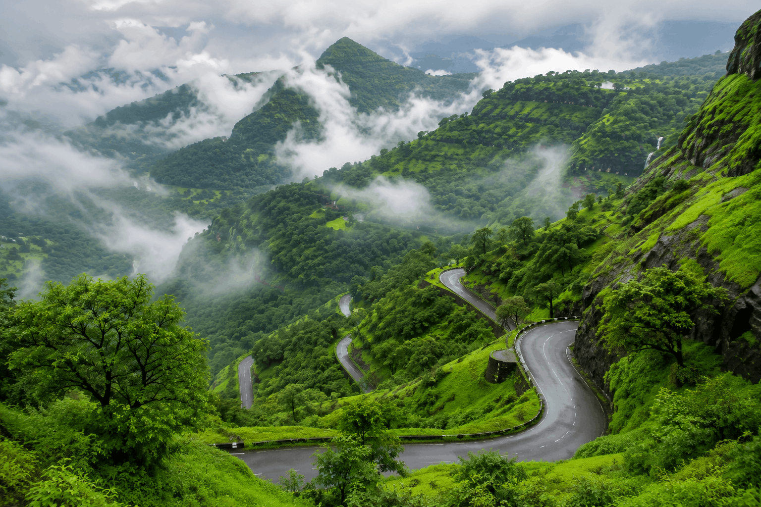 Green Sahyadri hills and winding roads on a short trip outside Mumbai
