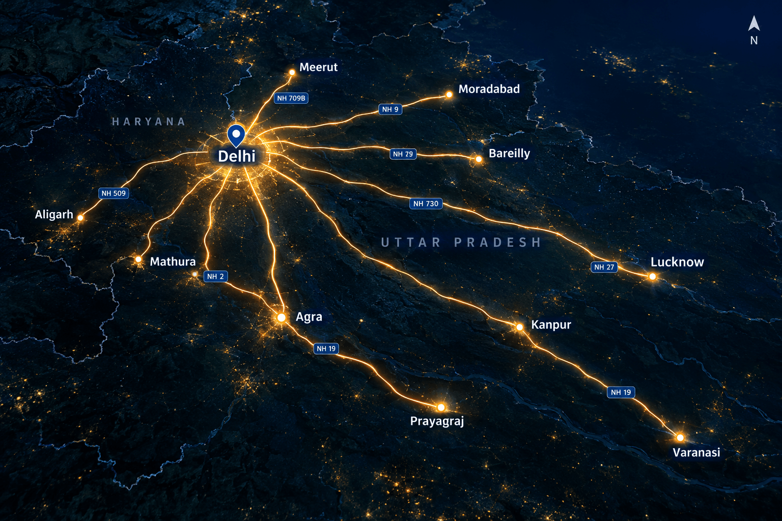 A map style view of highway routes fanning out from Delhi towards Uttar Pradesh towns at night