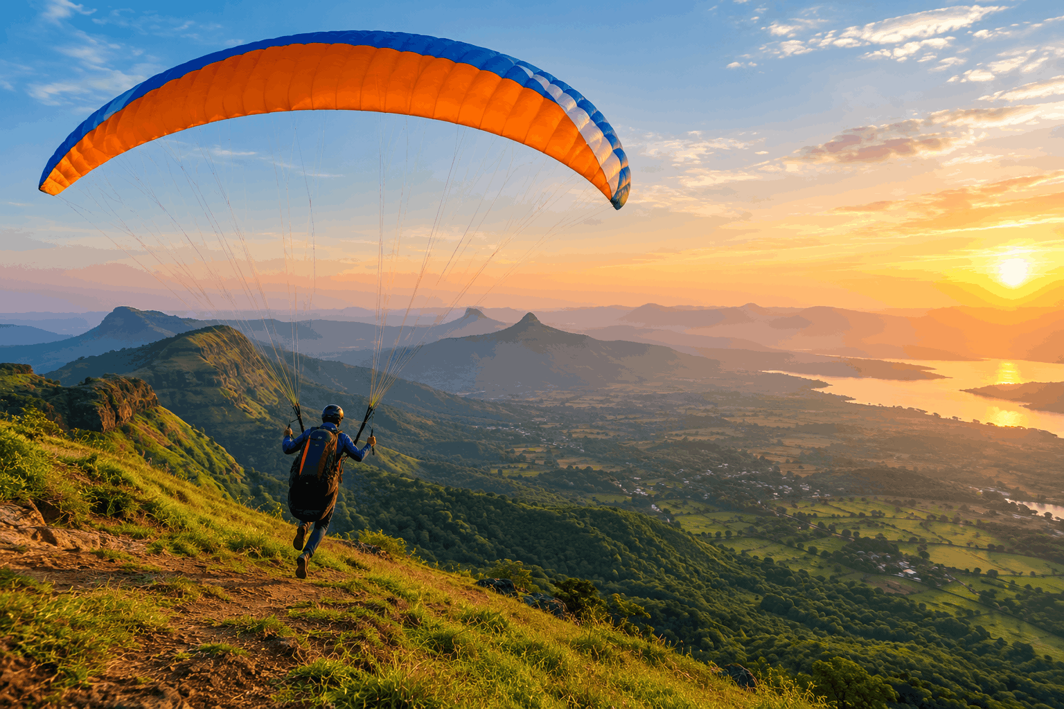 Paraglider launching from a Sahyadri ridge above the green valleys of Kamshet near Mumbai
