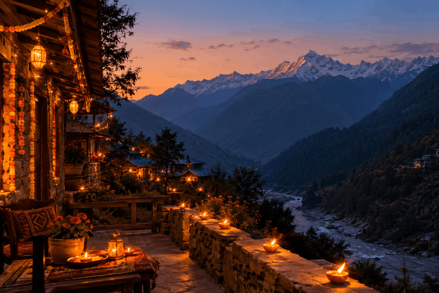 Quiet Himalayan destination during a festive Diwali evening