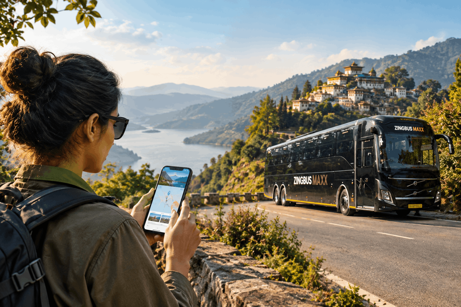 Traveller using a phone to plan a journey to an offbeat destination with a bus nearby