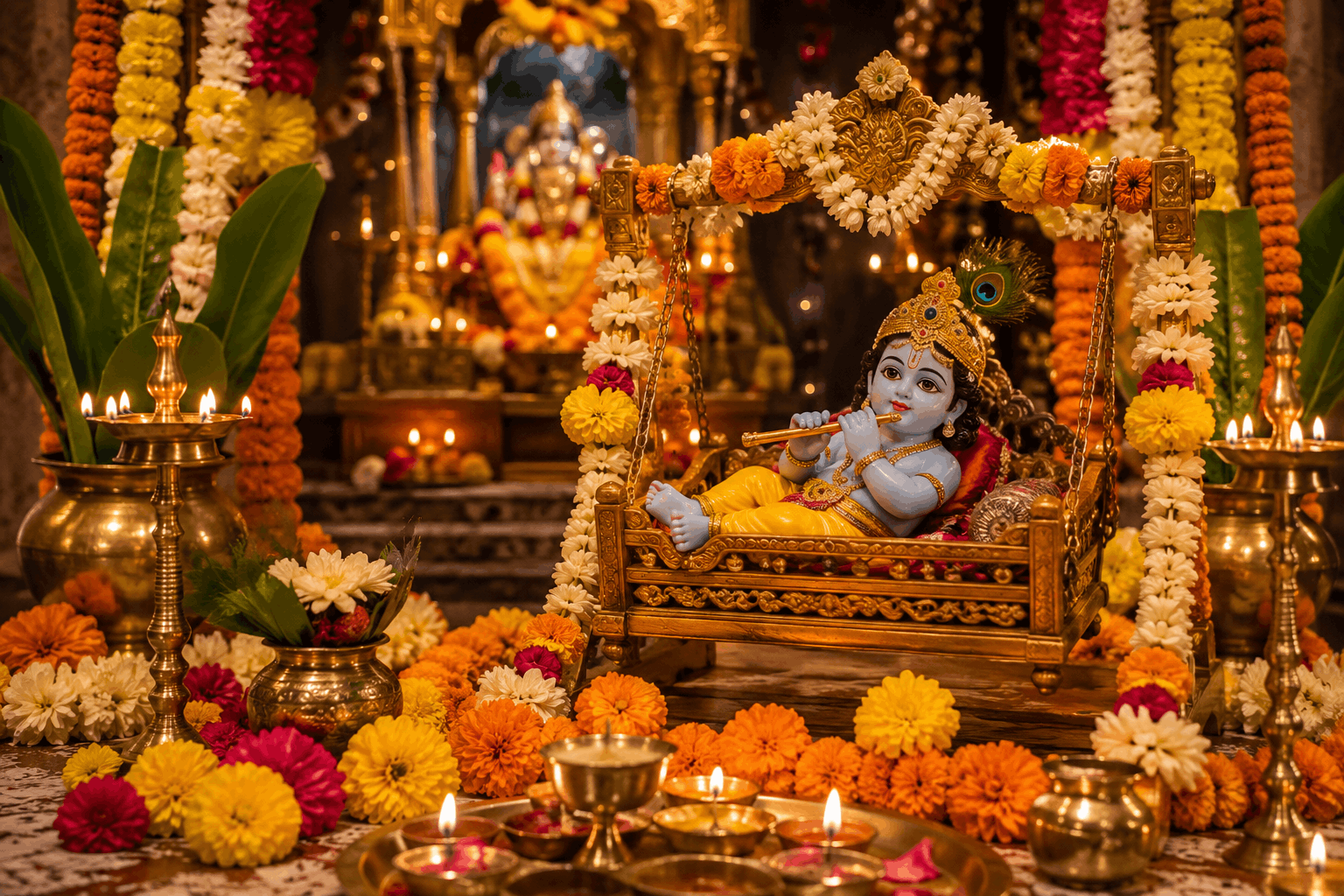 Decorated temple with flowers and diyas celebrating Janmashtami with Lord Krishna's idol in a cradle