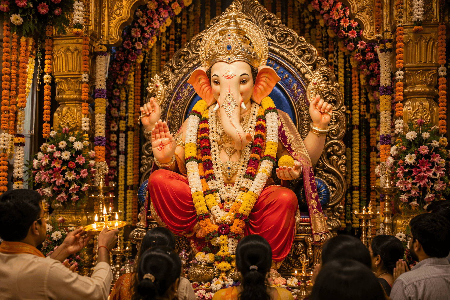 Grand Ganesh idol decorated with flowers being worshipped at a public pandal during Ganesh Chaturthi celebrations