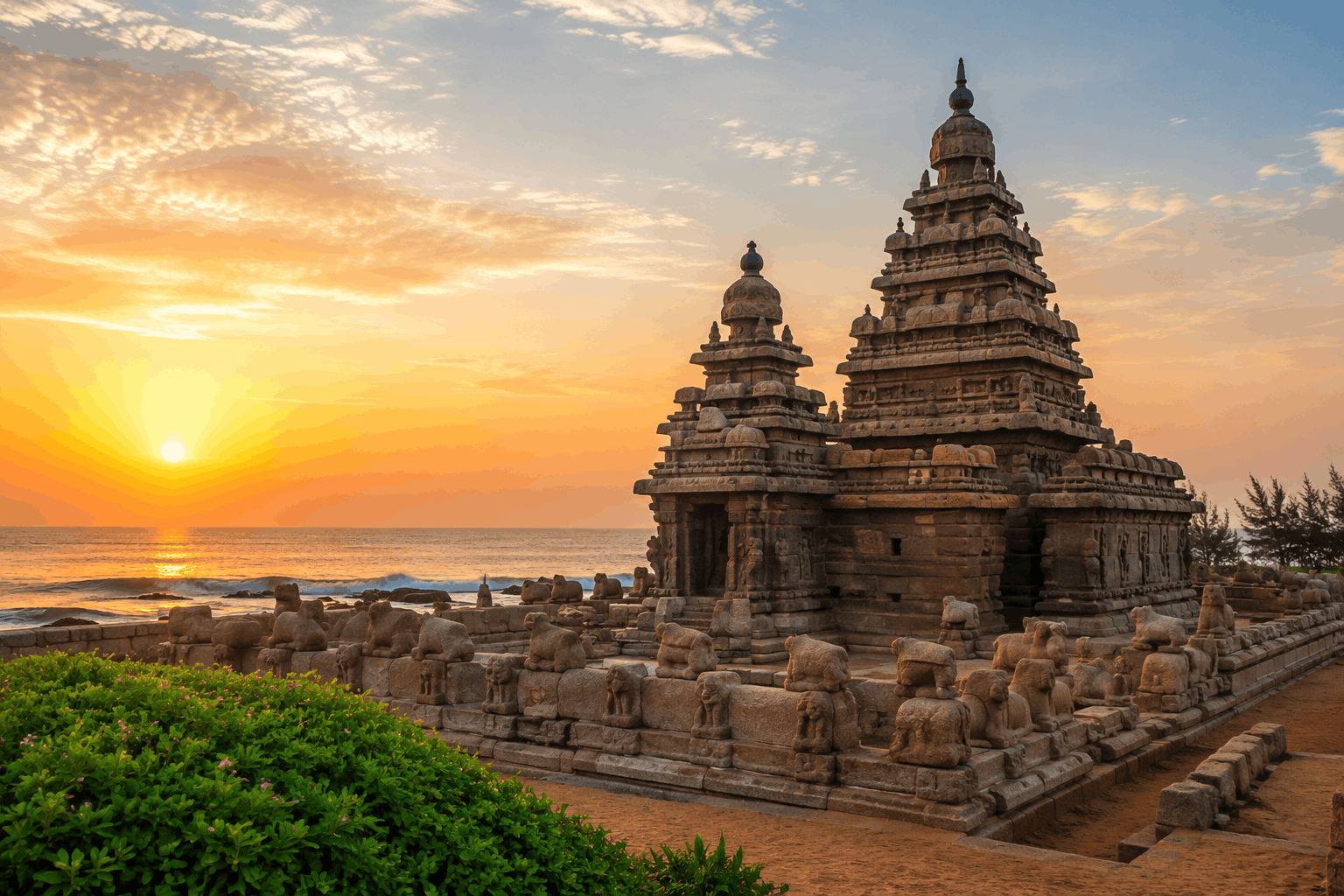 Shore Temple at Mahabalipuram with the Bay of Bengal in the background at sunrise